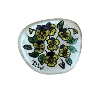 MCM Hand-Painted Pansy Glass White Enamel Brooch Estate Jewelry